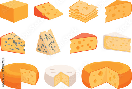 Vector Illustration Set of Gourmet Cheese Varieties Including Blue Cheese, Brie, and Swiss WheelsVector Illustration Set of Gourmet Cheese Varieties Including Blue Cheese, Brie, and Swiss Wheels