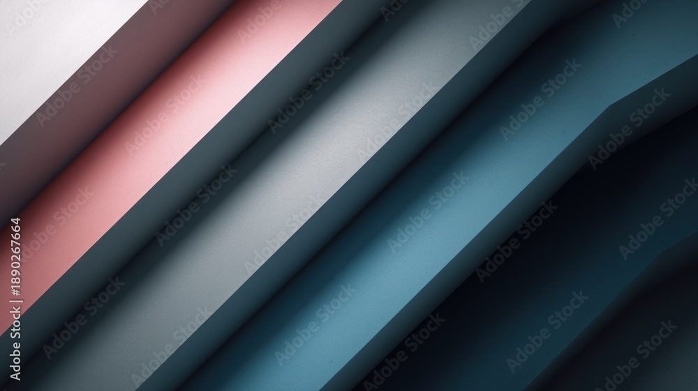Fototapeta premium Abstract textured diagonal layers with a color gradient from white to pink, gray, and deep blue, showcasing subtle shadows and modern depth, perfect for sophisticated design projects. Visually appeali