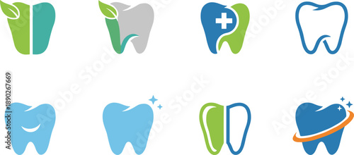 Dental care tooth logo icon set with medical cross leaf sparkle symbols modern clinic healthcare vector illustration design