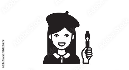 A young female artist holding a paintbrush with a smile wearing a beret viewed directly in simple illustration