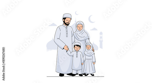 A serene Muslim family parents and two children standing together in traditional white attire with mosque silhouettes in the background embodying peace and religious harmony, Generative AI.