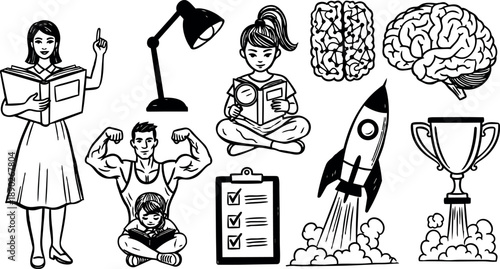 Black and white vector art of woman teaching with book, muscular man flexing, children reading, brain images, rocket and trophy icons