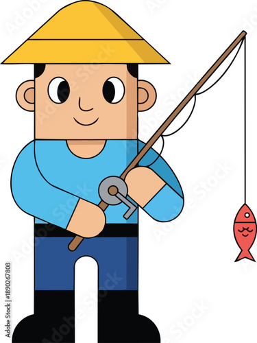 Cartoon boy fishing happily with a big smile on a serene lake scene from a front viewpoint