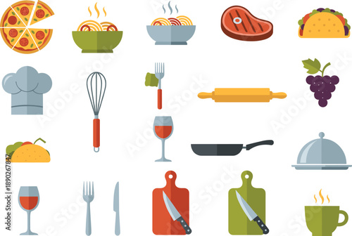 Vector Illustration Set of Gourmet Food, Kitchen Utensils, and Restaurant Dining IconsVector Illustration Set of Gourmet Food, Kitchen Utensils, and Restaurant Dining Icons