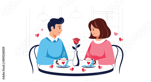 Romantic illustration of a couple enjoying coffee and a rose on a date surrounded by floating hearts capturing the essence of love and companionship on Valentine's Day, Generative AI.