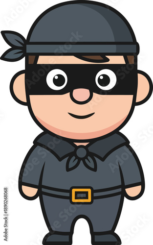 Cartoon burglar wearing black mask and hat standing in plain background viewed from front