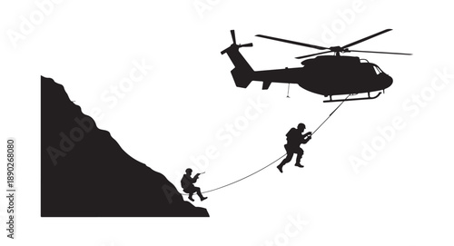 Special Forces Fast Rope Insertion from Military Helicopter Silhouette Vector.