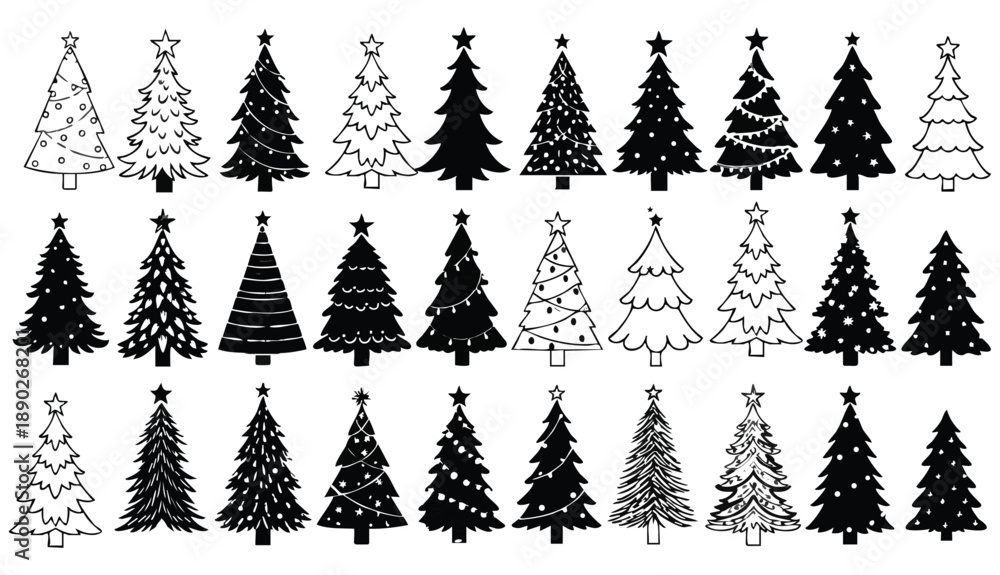 Fototapeta premium A grid of three rows, each containing ten distinct Christmas tree illustrations, arranged symmetrically against a clean, white background. The trees vary in style, from simple, silhouetted outlines to