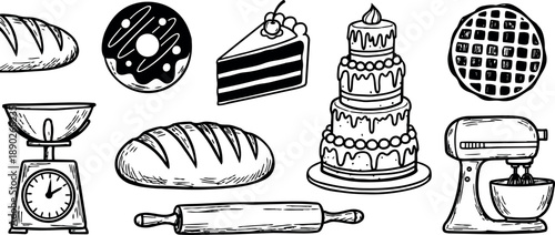 Hand drawn baking elements set with loaf bread donuts cake mixer rolling pin bakery tools collection black and white doodle style