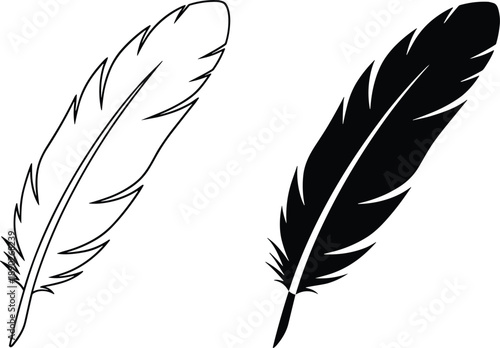 Feather illustration set with outline and solid styles isolated black and white vector design symbol for writing art