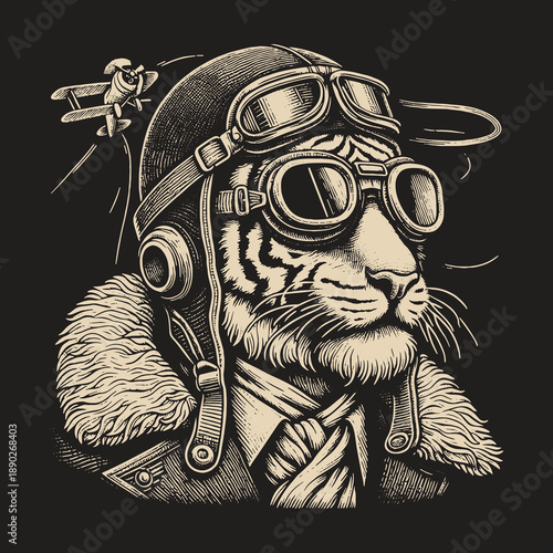 Tiger Pilot: A Vintage Illustration of Aviation and Wildlife.