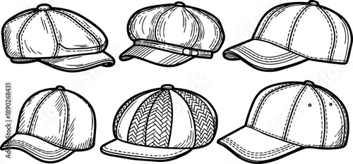 Hand drawn vintage flat design hats collection with baseball caps newsboy flat cap and peak style sketch set