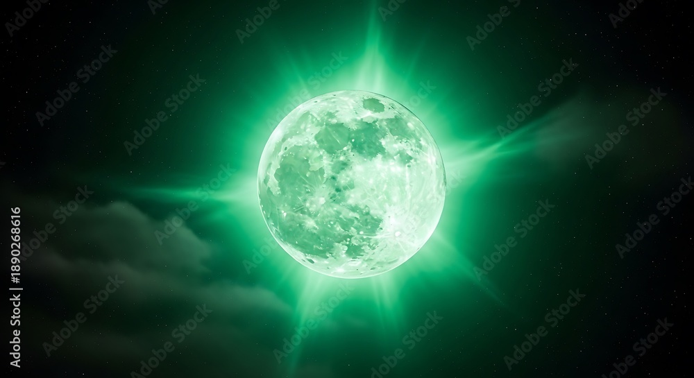 Fototapeta premium Eerie Green Moon Illuminating the Night Sky with an Intense Glow.