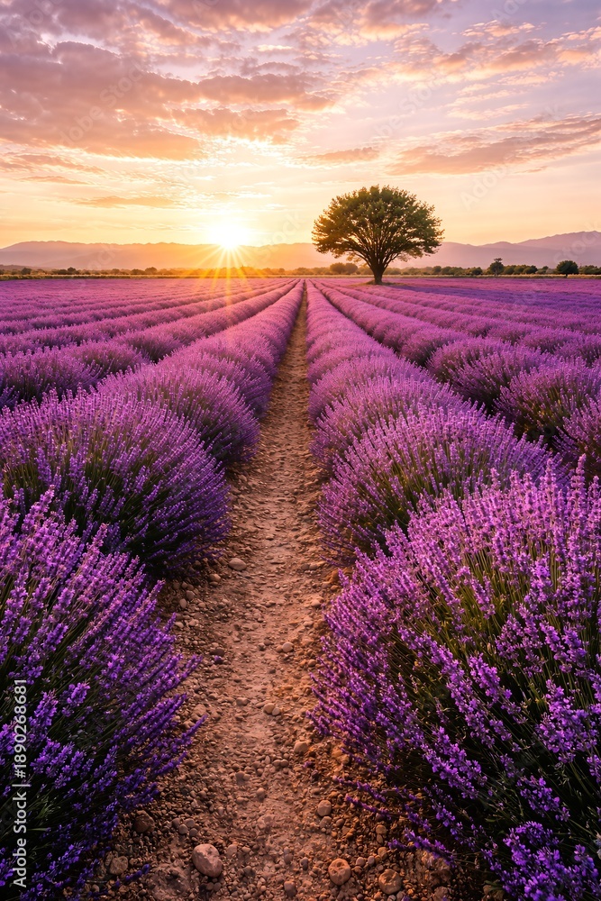 Obraz premium Lavender field with a lone tree at sunrise or sunset.