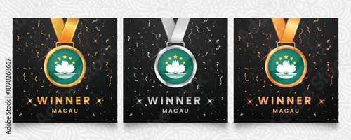 A prestigious collection of gold, silver, and bronze medals, each showcasing the distinctive flag of Macau, set against a sophisticated dark background with celebratory confetti and sparkling accents,