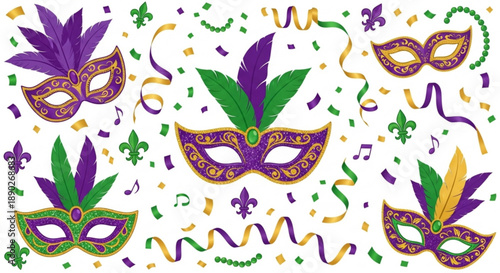 Vibrant mardi gras masks with feathers and confetti on white background