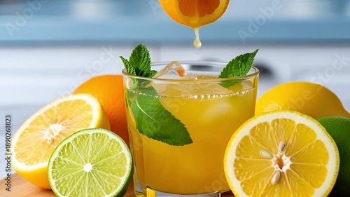 Video 4k  Freshly squeezed orange juice with citrus fruits and mint leaves in a glass