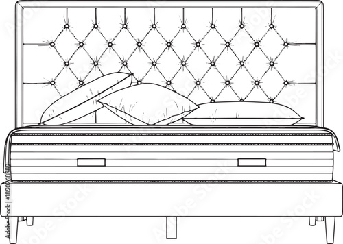 A detailed line drawing showcases a luxurious bed, inviting tranquility. Featuring a tufted headboard, the bed is adorned with plush pillows and a comfortable mattress.