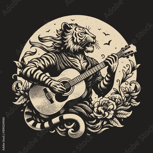 Tiger Musician: A Striking Illustration of a Tiger Playing Guitar.