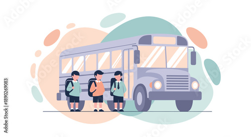 Children with backpacks waiting for the school bus symbolizing education transportation and the start of a new day for students heading to school for learning and fun activit, Generative AI.