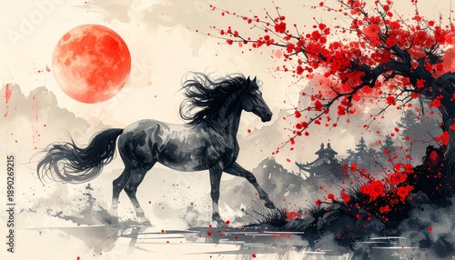 Traditional ink painting style horse, Lunar New Year theme