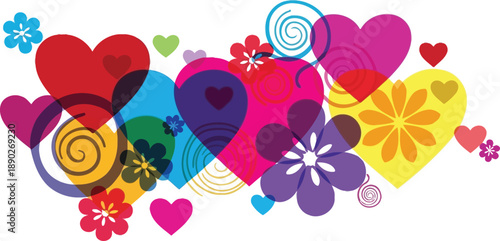 A colorful illustration of hearts and flowers in various shapes and sizes on a white background