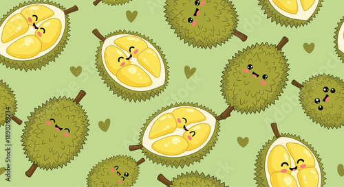 Vibrant seamless pattern showcases cute whole and halved durian fruits with happy faces on a soft green background for food packaging.