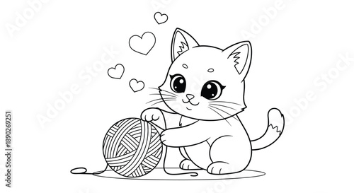 Charming coloring page shows a playful kitten having fun with a large ball of yarn and floating hearts in a simple line art style.