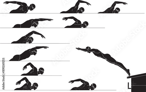 A graphic sequence captures a swimmer's stroke in elegant silhouette, highlighting the grace and power of aquatic movement. 