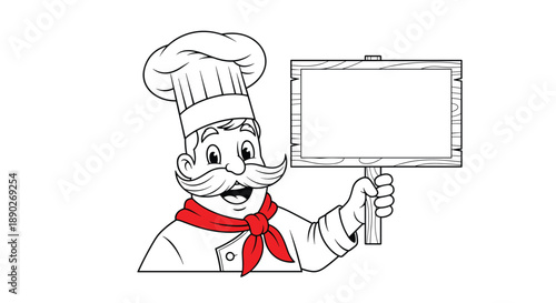 Professional chef with a big mustache holds a blank wooden sign for your custom text or menu in this black and white line art drawing.