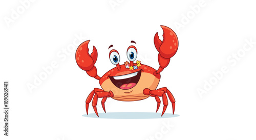 Joyful red cartoon crab with a wide smile and colorful flowers on its head waving its claws happily against a clean white background.