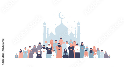 Large diverse group of Muslims gathered in front of a grand mosque representing community and unity during a religious celebration like Eid, Generative AI.