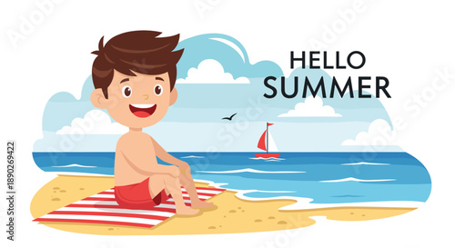 Happy young boy sitting on a striped towel on the sandy beach looking at the blue ocean waves with a sailboat and hello summer text.