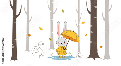 Cute gray rabbit wearing a yellow raincoat and boots holding an umbrella while standing in a forest with falling leaves and puddles.