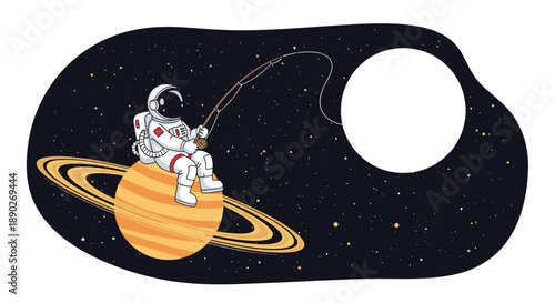 Whimsical astronaut sitting on the ringed planet saturn and fishing for a bright glowing moon in the dark starry outer space.