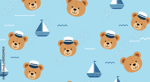 Seamless pattern design featuring cute teddy bear heads wearing sailor hats and small blue and white sailboats on a light blue background.