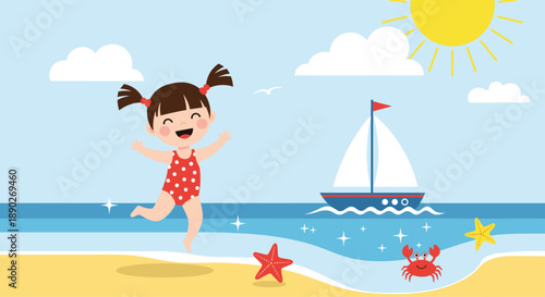 Joyful young girl jumping happily on a sandy beach under a bright sun with a sailboat, crab, and starfish in the blue coastal waters.