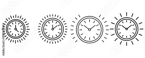 Four identical clock faces with sunburst lines around them on transparent background