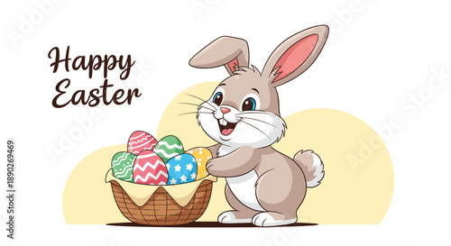 Happy easter bunny character holding a large wicker basket filled with colorful decorated eggs against a soft yellow circular background.