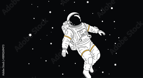 Astronaut in a white space suit floating weightlessly in the dark void of outer space surrounded by bright stars and distant galaxies.