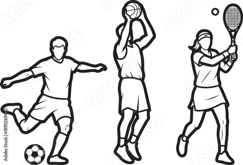 Dynamic action of diverse athletes engaged in the thrilling realm of sports, a captivating illustration showcases the elegance of soccer, the skill of basketball, and the finesse of tennis.