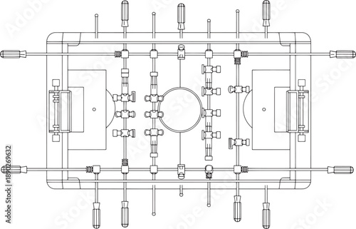 A detailed overhead shot of a foosball table, showing the layout of the players and the playing field.