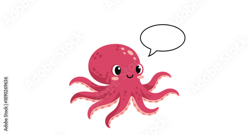 Friendly pink octopus character with a gentle smile and large eyes floating next to a blank white speech bubble on white background.