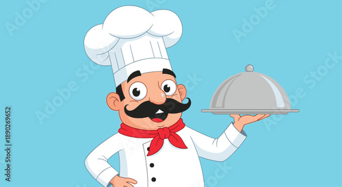 Cheerful professional chef with a thick mustache holding a silver serving platter with a dome lid against a plain blue background.