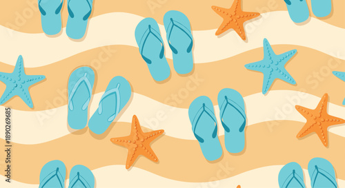 Summer beach seamless pattern featuring various blue flip flops and orange starfish on a wavy sandy background with light tones.