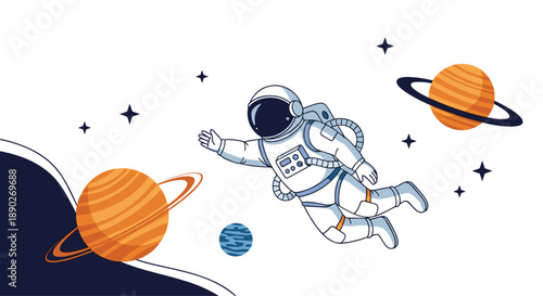 Brave astronaut floating through deep outer space near distant planets and shining stars in a clean flat vector illustration.