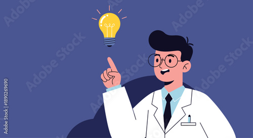 Smart scientist or doctor wearing a white lab coat and glasses pointing to a glowing yellow light bulb representing a new idea.