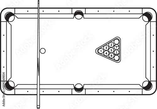 A bird's-eye view of a classic pool table, complete with a cue stick poised ready and the perfectly racked billiard balls arranged, inviting a challenging game.