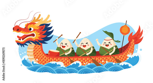 Traditional dragon boat festival illustration with three cute rice dumplings rowing a decorated boat on blue ocean waves.