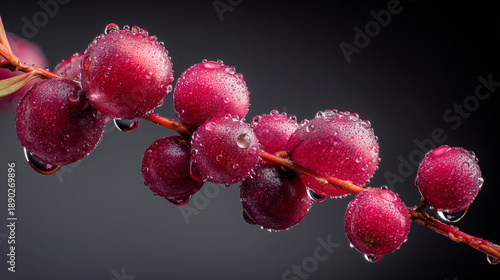 Vibrant cluster of small red berries, glistening with water droplets, against a softly blurred dark background.